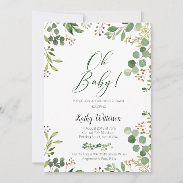 Greenery Gold Glitters Botanical Baby Shower Invitation (Front)