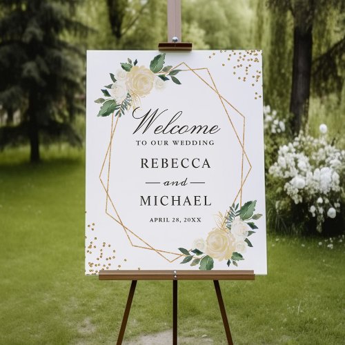 Greenery Gold Glitters Floral Wedding Welcome Sign