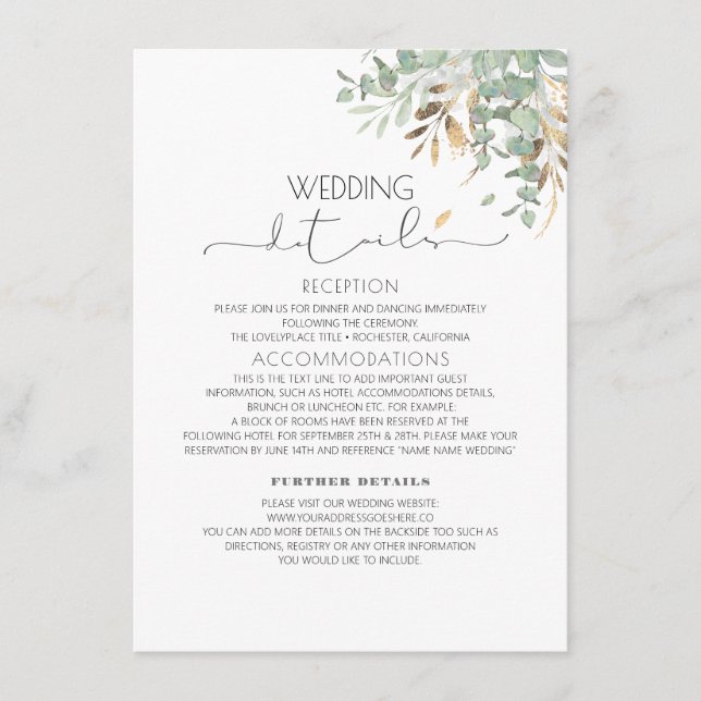 Greenery Gold Glitters Wedding Information Guest Enclosure Card (Front)