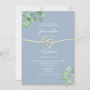 Greenery Gold Heart Dusty Blue Wedding Invitation