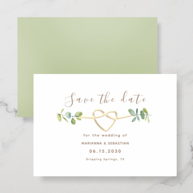 Greenery Gold Heart Wedding Letterpress Photo Cards (Front/Back)