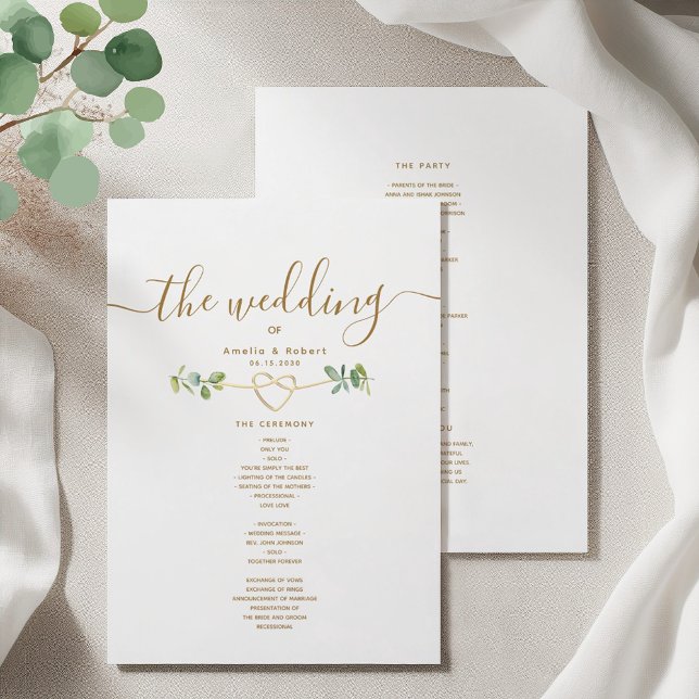Greenery Gold Heart Wedding Program (Creator Uploaded)