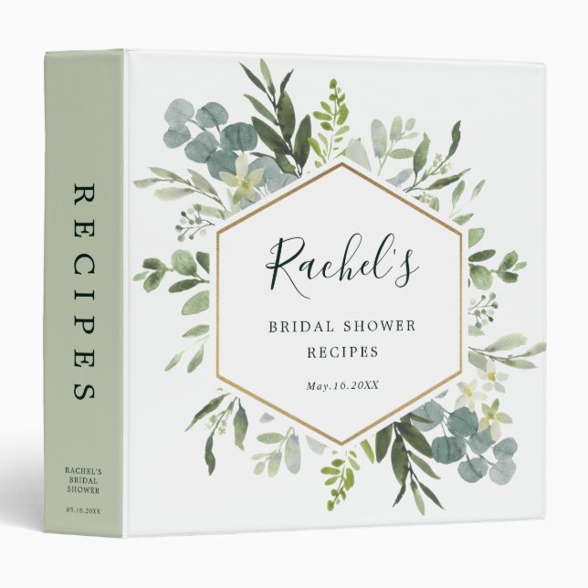 Greenery Gold Hexagon Bridal Shower Recipes  3 Ring Binder (Front/Spine)