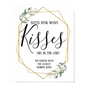 Greenery gold how many kisses bridal shower sign