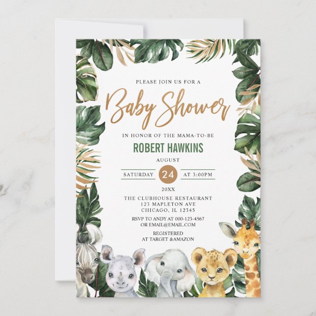 Greenery Gold Jungle Animals Safari Baby Shower In Invitation (Front)