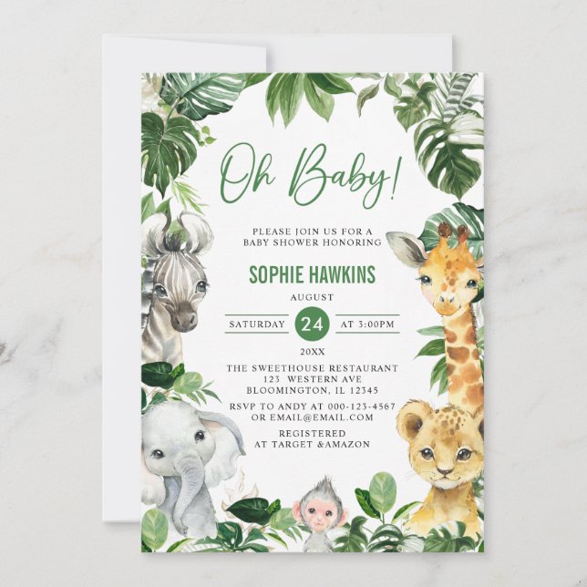 Greenery Gold Jungle Animals Safari Oh Baby Shower Invitation (Front)