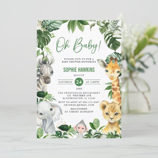 Greenery Gold Jungle Animals Safari Oh Baby Shower Invitation | Zazzle