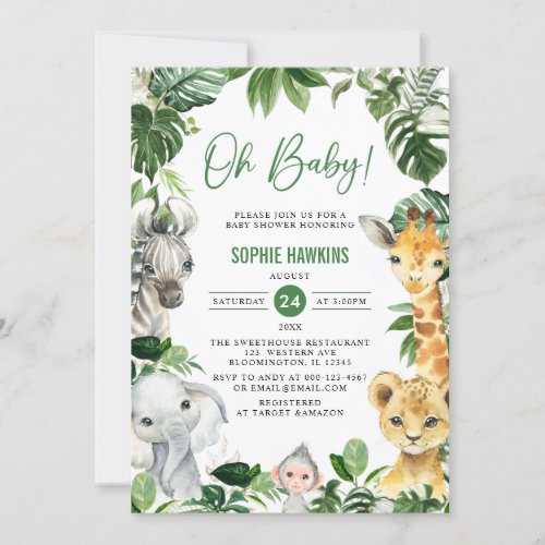 Greenery Gold Jungle Animals Safari Oh Baby Shower Invitation