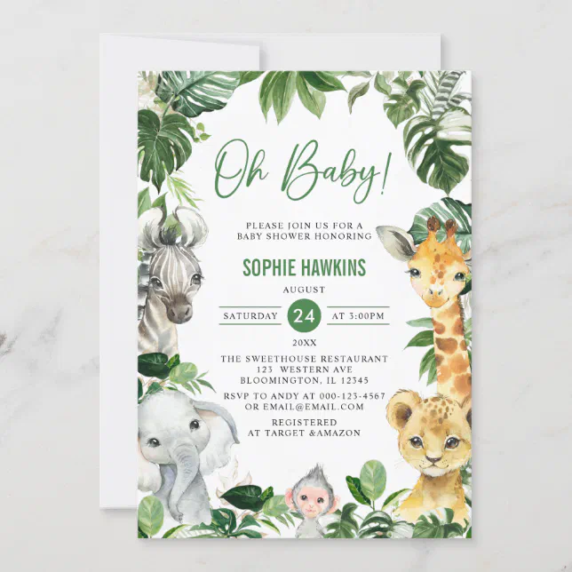 Greenery Gold Jungle Animals Safari Oh Baby Shower Invitation | Zazzle