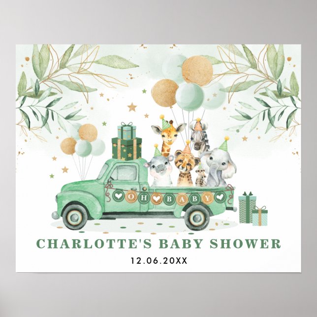 Greenery Gold Jungle Safari Animals Baby Shower Si Poster (Front)