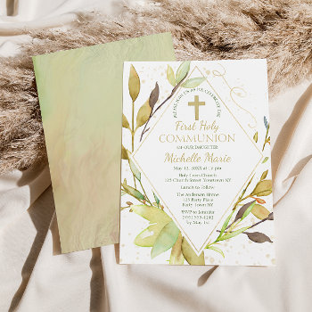 Greenery Gold Leaf Cross First Holy Communion Invitation by MaggieMart at Zazzle