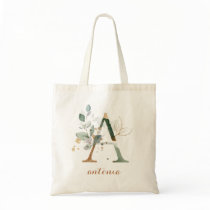 Greenery Gold Leaf Foliage Personalized Letter "A" Tote Bag Greenery Gold Leaf Foliage Personalized Letter "A" Tote Bag