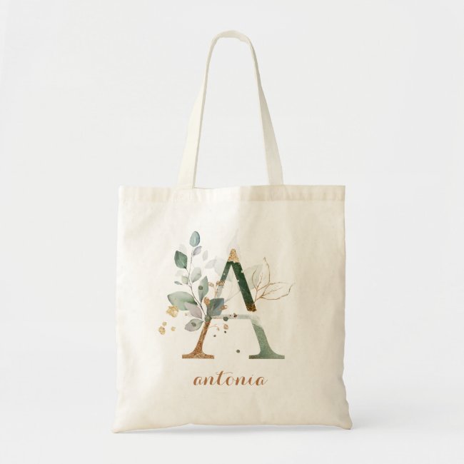Greenery Gold Leaf Foliage Personalized Letter "A" Tote Bag