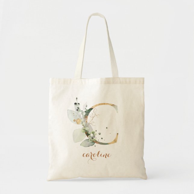 Greenery Gold Leaf Foliage Personalized Letter "C" Tote Bag (Front)