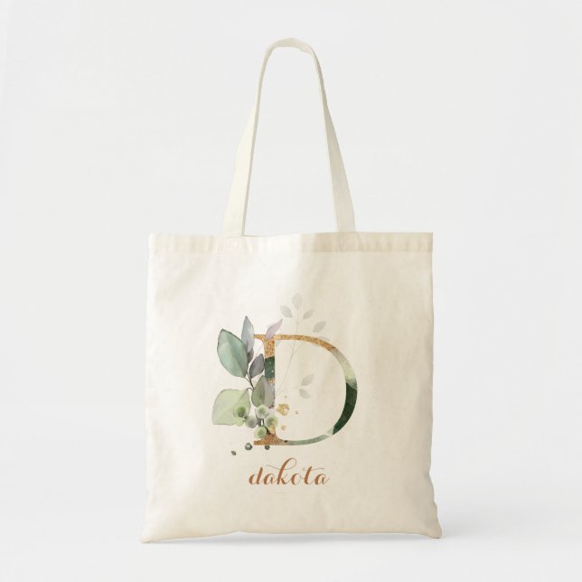 Greenery Gold Leaf Foliage Personalized Letter "D" Tote Bag (Front)