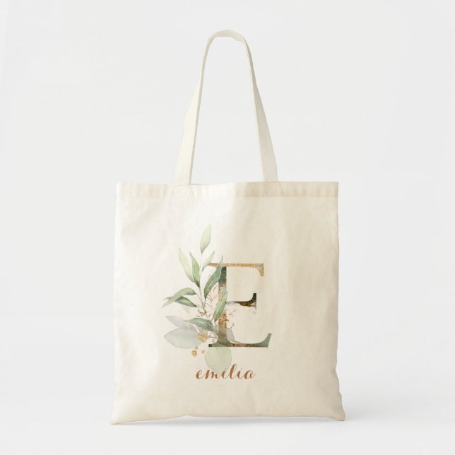 Greenery Gold Leaf Foliage Personalized Letter "E" Tote Bag (Front)