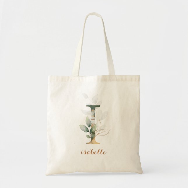 Greenery Gold Leaf Foliage Personalized Letter "I" Tote Bag (Front)