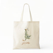 Greenery Gold Leaf Foliage Personalized Letter "J" Tote Bag Greenery Gold Leaf Foliage Personalized Letter "J" Tote Bag