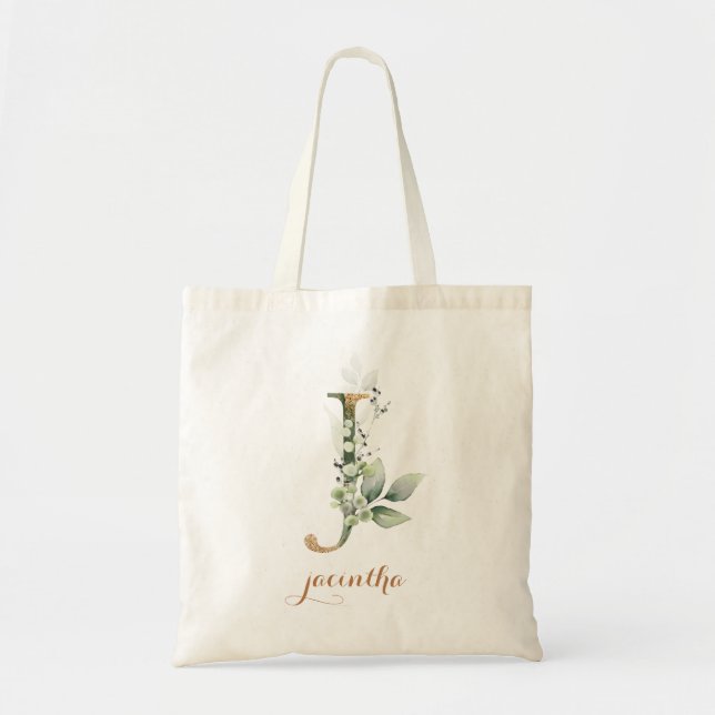 Greenery Gold Leaf Foliage Personalized Letter "J" Tote Bag (Front)
