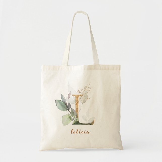 Greenery Gold Leaf Foliage Personalized Letter "L" Tote Bag (Front)