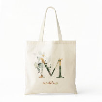 Greenery Gold Leaf Foliage Personalized Letter "M" Tote Bag Greenery Gold Leaf Foliage Personalized Letter "M" Tote Bag