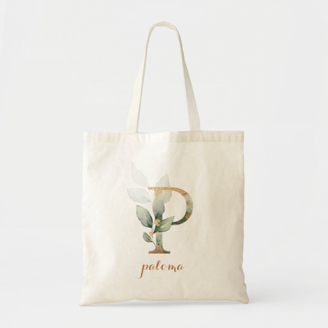 Greenery Gold Leaf Foliage Personalized Letter "P" Tote Bag (Front)