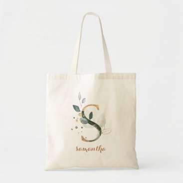 Greenery Gold Leaf Foliage Personalized Letter "S" Tote Bag