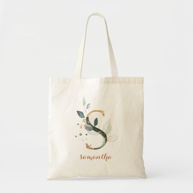 Greenery Gold Leaf Foliage Personalized Letter "S" Tote Bag (Front)