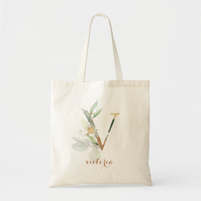 Greenery Gold Leaf Foliage Personalized Letter "V" Tote Bag (Front)