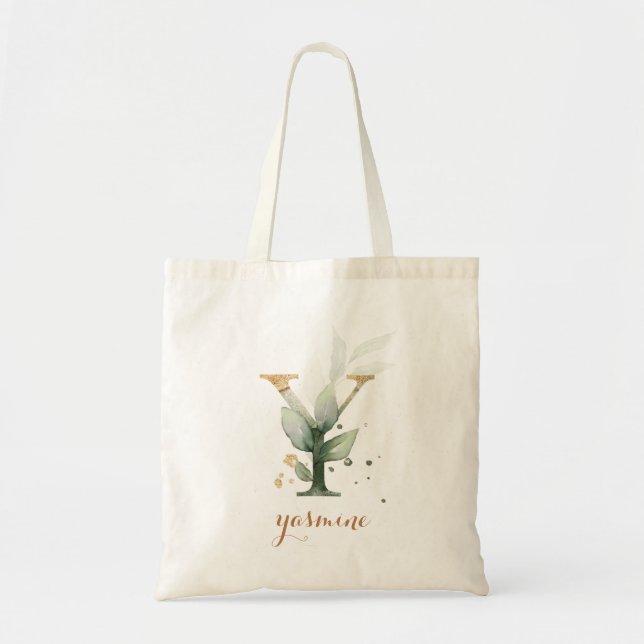 Greenery Gold Leaf Foliage Personalized Letter "Y" Tote Bag (Front)