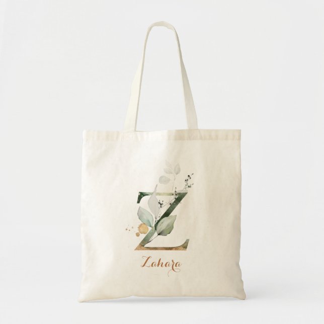 Greenery Gold Leaf Foliage Personalized Letter "Z" Tote Bag (Front)