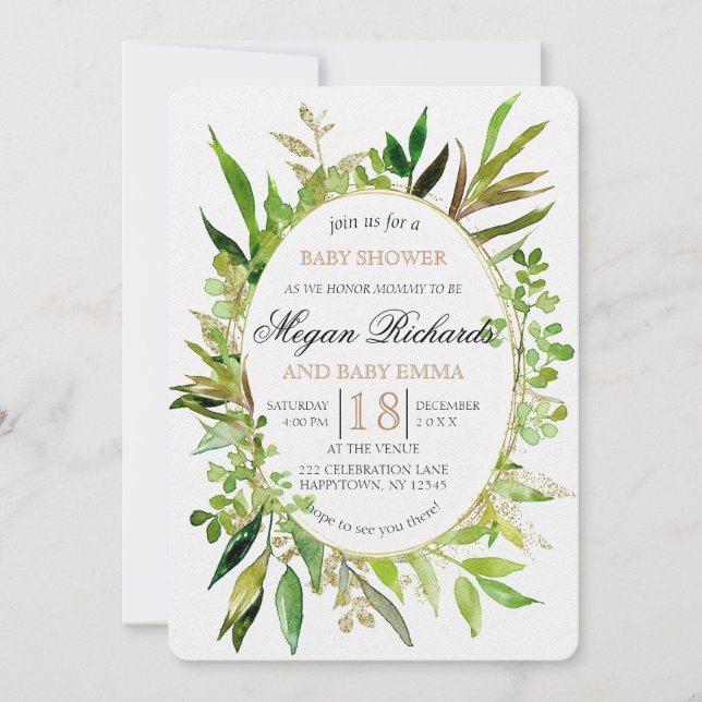 Greenery & Gold Leaf Framed Baby Shower Invitation (Front)