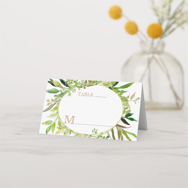 Greenery & Gold Leaf Framed Leaves Table Number Place Card (Front)