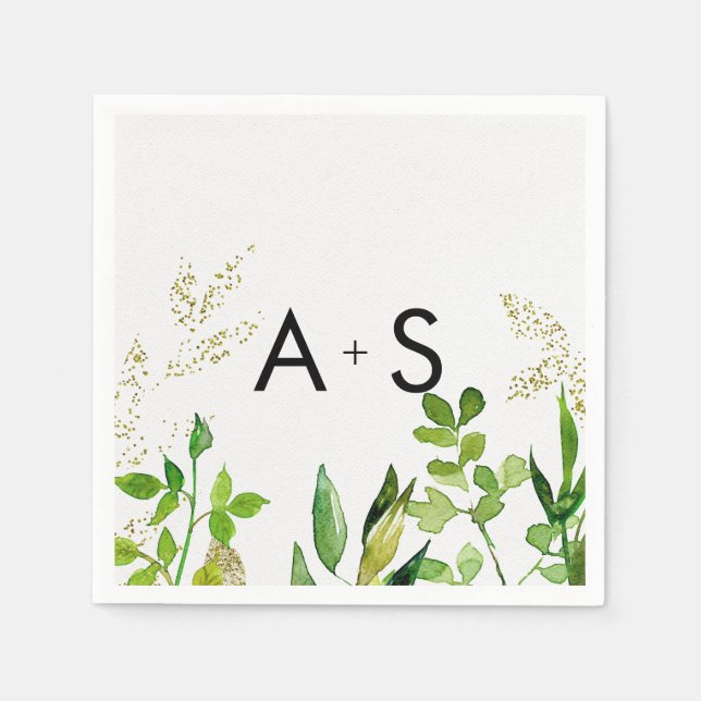 Greenery & Gold Leaf Framed Wedding Monogram Napkins (Front)