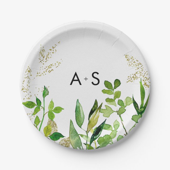 Greenery & Gold Leaf Framed Wedding Monogram Paper Plates (Front)