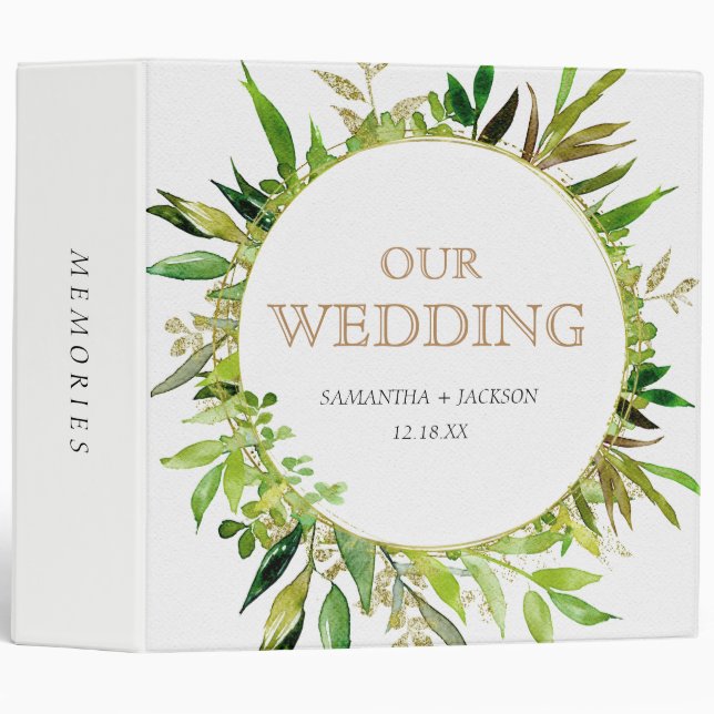 Greenery & Gold Leaf Framed Wedding Photo Album Binder (Front/Spine)