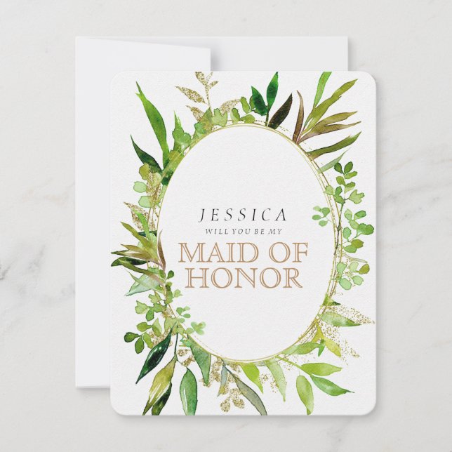 Greenery & Gold Leaf Will You Be My Maid of Honor Invitation (Front)