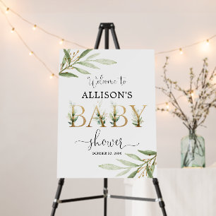Greenery gold leaves baby shower welcome sign