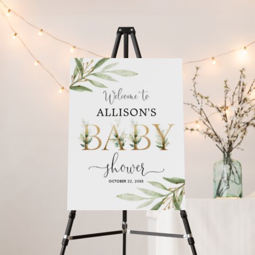 Greenery gold leaves baby shower welcome sign