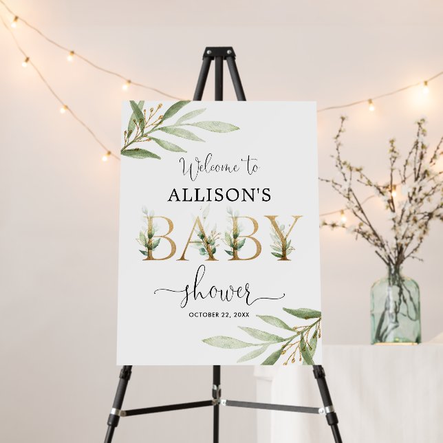 Greenery gold leaves baby shower welcome sign (In Situ (Stand))