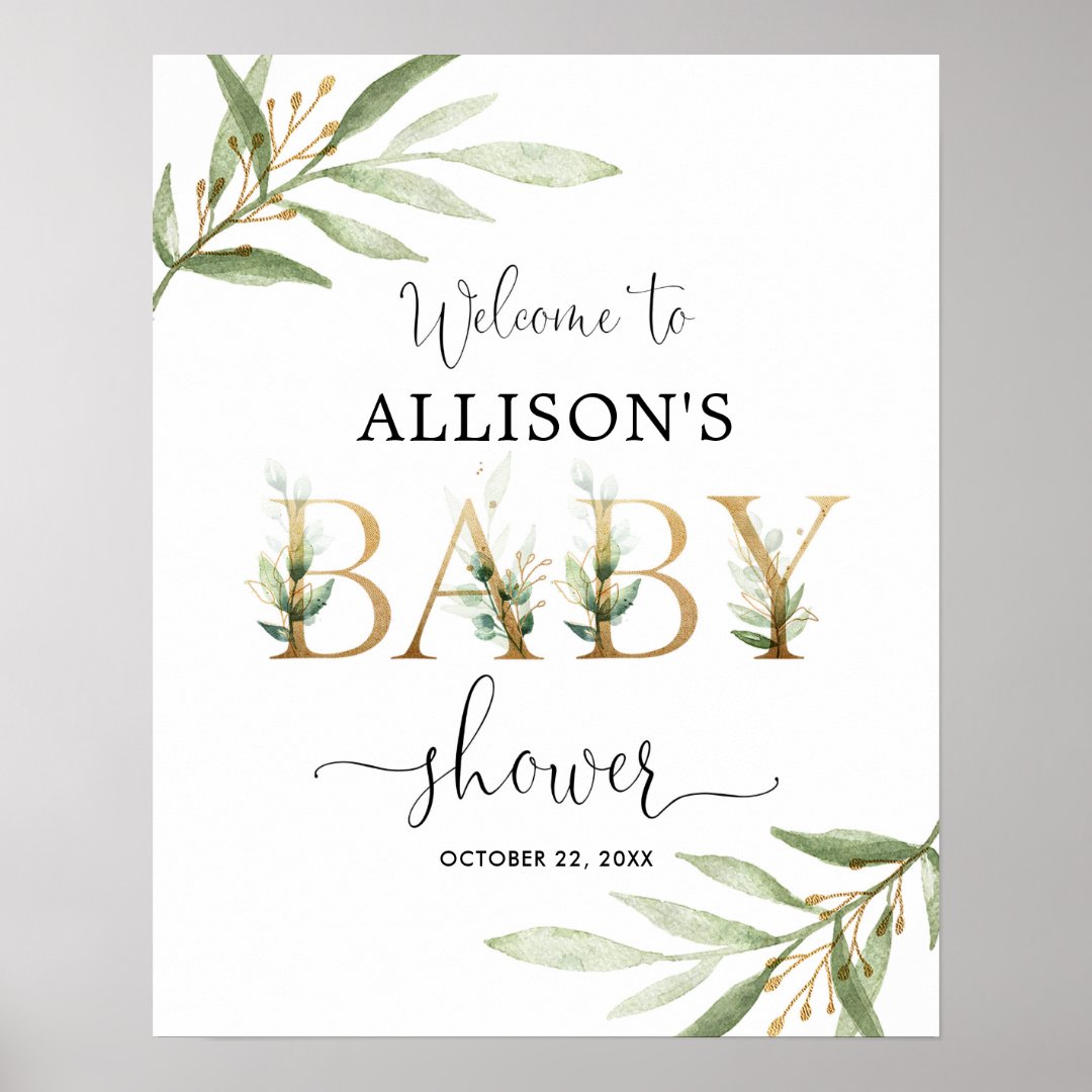 Greenery gold leaves baby shower welcome sign | Zazzle