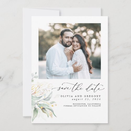 Greenery Gold Leaves Boho Save The Date Photo