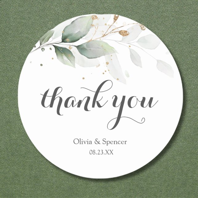 Greenery Gold Leaves Botanical Wedding Thank You Classic Round Sticker (Creator Uploaded)