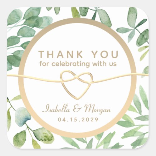 Greenery Gold Leaves Botanical Wedding Thank You Square Sticker