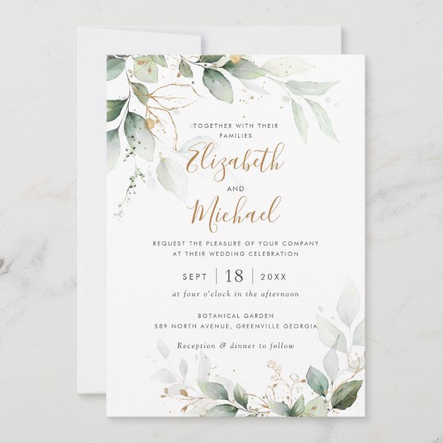 Greenery Gold Leaves Branch Watercolor Wedding Invitation (Front)
