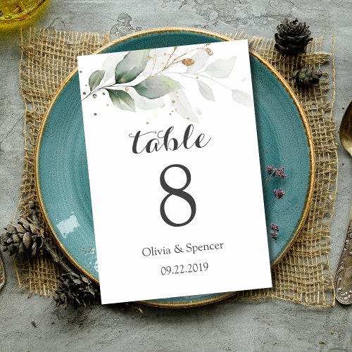 Greenery Gold Leaves Elegant Wedding Table Number