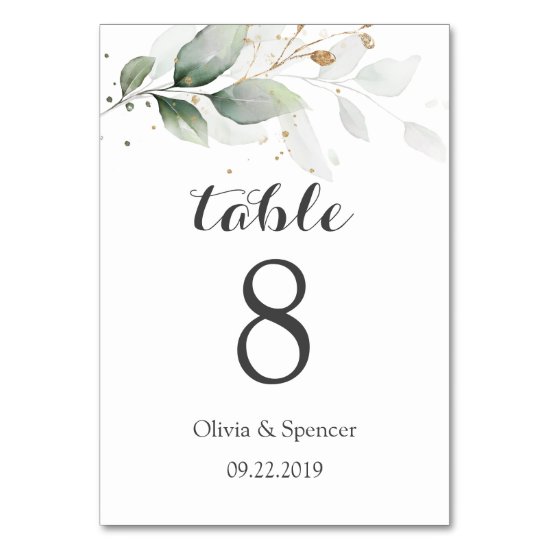 Greenery Gold Leaves Elegant Wedding Table Number