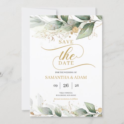 Greenery gold leaves eucalyptus save the date invitation