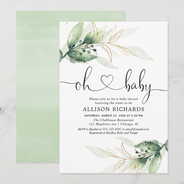 Greenery gold leaves gender neutral baby shower invitation (Front/Back)