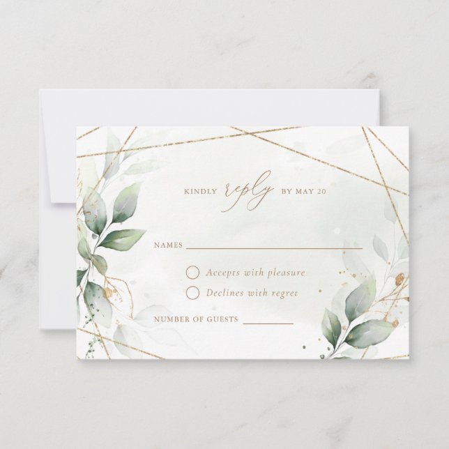 Greenery Gold Leaves Geometric Wedding RSVP Invitation (Front)